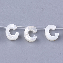 Letter C Natural Sea Shell Beads, White Shell Mother of Pearl Shell, Top Drilled Beads, Letter.C, 10x2.5~11.5x3mm, Hole: 0.8mm