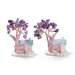 Amethyst Natural Amethyst Tree Display Decoration, Resin House with Christmas Reindeer Feng Shui Ornament for Wealth, Luck, Rose Gold Brass Wires Wrapped, 40~41x44x67mm