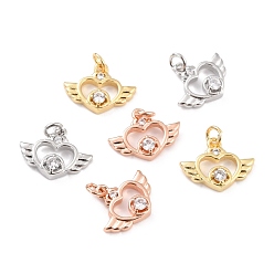 (52) Непрозрачная лаванда Латунные микропаве прозрачные подвески с фианитом, с прыжковых колец, долговечный, без кадмия и без свинца, сердце с крыльями, разноцветные, 11x14x3 мм, отверстие : 2.6 мм