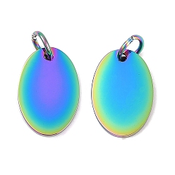 Rainbow Color Ионное покрытие (ip) 304 брелоки для штамповки из нержавеющей стали, с целью перехода в кольце, зеркальная полировка, овальный шарм, Радуга цветов, 14x9.5x1 мм, отверстие : 3.5 мм
