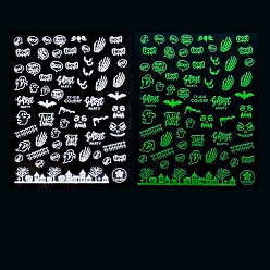 Skull Décalcomanies d'autocollants d'art d'ongle en plastique lumineux, auto-adhésif, autocollant, pour les décorations d'ongles, conception d'halloween, brillent dans le noir, crane, 3 cm