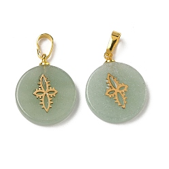 Зеленый Авантюрин Естественный зеленый авантюрин подвески, плоские круглые подвески золотистого оттенка 304 кусочки цветов из нержавеющей стали и латунные застежки-кнопки, 19~20.2x16~16.3x3.3~4.2 мм, отверстие : 6x3 мм