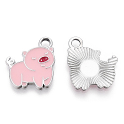 Pink Alloy Pendants, with Enamel, Pig, Platinum, Pink, 18x15x2mm, Hole: 2.5mm