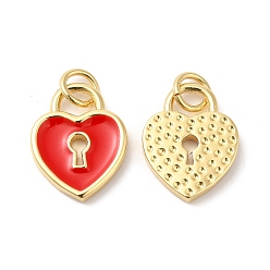 Red Real 16K Gold Plated Brass Enamel Charms, with Jump Ring, Heart Lock Charms, Red, 14.5x11.5x2mm, Hole: 3.5mm