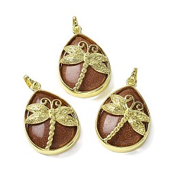 Камень с Пылевым Золотом Синтетические голдстоуновские подвески, с фурнитурой латунной золотого тона, без свинца и без кадмия, слезинка с подвесками в виде стрекоз, 40~40.5x26~26.5x8.5~9.5 мм, отверстие : 7~8x4.5~5 мм