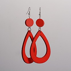 Red Trendy Teardrop Wood Dangle Earrings, with Platinum Plated Iron Earring Hooks, Red, 105x45mm, Pin: 0.8mm