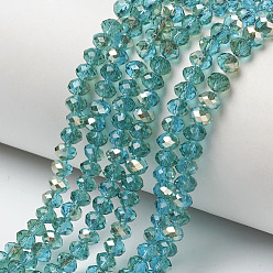 Dark Turquoise Electroplate Glass Beads Strands, Half Plated, Rainbow Plated, Faceted, Rondelle, Dark Turquoise, 4x3mm, Hole: 0.4mm, about 123~127pcs/strand, 16.5~16.9 inch(42~43cm)