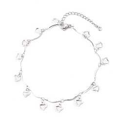 Stainless Steel Color 304 Stainless Steel Heart Charm Anklets, with Bar Link Chains, Stainless Steel Color, 9-5/8 inch(24.3cm)