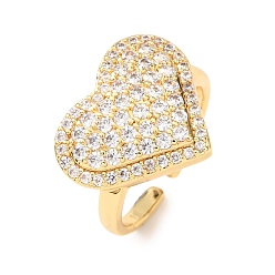 Прозрачный Открытые кольца манжеты из латуни с микропаве и кубическим цирконием, сердце, стойки покрытие, долговечный, без свинца и без кадмия, реальный 18 k позолоченный, прозрачные, размер США 7 1/4 (17.5 мм)