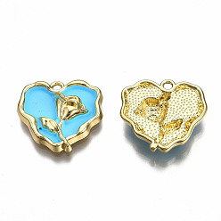Cielo Azul Oscuro Acumular colgantes de esmalte de la aleación de chapado, sin plomo y cadmio, la luz de oro, corazón con rosa, cielo azul profundo, 20x21x4 mm, agujero: 1.8 mm
