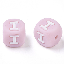 Letter I Food Grade Eco-Friendly Silicone Beads, Horizontal Hole, Chewing Beads For Teethers, DIY Nursing Necklaces Making, Letter Style, Cube, Pink, Letter.I, 12x12x12mm, Hole: 2mm
