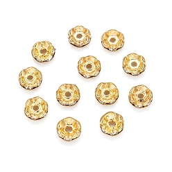Golden Iron Rhinestone Spacer Beads, Grade B, Waves Edge, Rondelle, Golden Color, Clear, Size: about 8mm in diameter, 3.5mm thick, hole: 1.5mm
