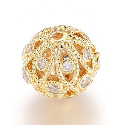 Real 18K Gold Plated Brass Micro Pave Cubic Zirconia Beads, Round, Clear, Real 18K Gold Plated, 11.5mm, Hole: 1.2mm