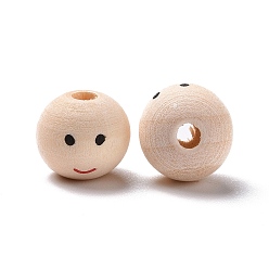 Bisque Printed Wood Beads, Round with Smiling Face Pattern, Undyed, Bisque, 12x11mm, Hole: 2.9mm, about 1000pcs/500g