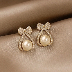 Bowknot Boucles d'oreilles en alliage de strass pour femmes, avec perles d'imitation et épingle en argent sterling, bowknot, 925mm