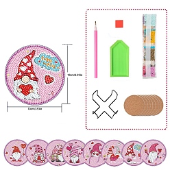 Pink 8 Style Valentine's Day Gnome/Dwarf Pattern Round Coaster DIY Diamond Painting Kits, Including Resin Rhinestones Bag, Diamond Sticky Pen, Tray Plate & Glue Clay, Pink, 100x100mm