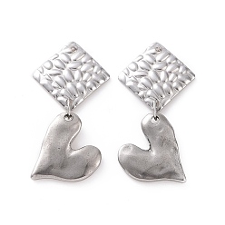 Stainless Steel Color Tarnish Resistant 304 Stainless Steel Heart with Rhombus Dangle Stud Earrings for Women, Stainless Steel Color, 37mm, Pin: 0.8mm