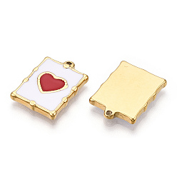 FireBrick Vacuum Plating 201 Stainless Steel Enamel Pendants, Real 18K Gold Plated, Rectangle with Heart Charm, FireBrick, 20.5x15x2.5mm, Hole: 1.2mm