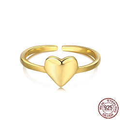 Real 18K Gold Plated 925 Sterling Silver Open Cuff Rings, with S925 Stamp, Heart, Real 18K Gold Plated, Inner Diameter: 17.6mm