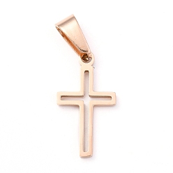 Rose Gold 304 Stainless Steel Pendants, Hollow, Cross, Rose Gold, 19.5x11x1.2mm, Hole: 3.5x7mm