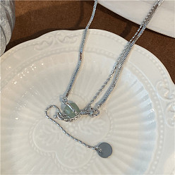Double Medal Pendant Necklace Ethnic style silver titanium steel snake bone chain multi-chain splicing necklace jade pendant stacked clavicle chain hip hop