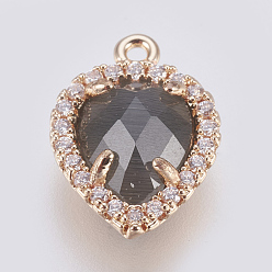 Gray Brass Glass Pendants, with Cubic Zirconia, Faceted, teardrop, Light Gold, Gray, 15x11x4.5mm, Hole: 1.2mm