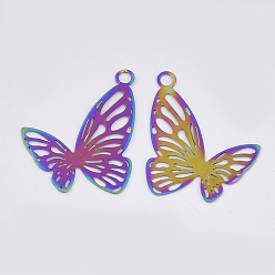 Rainbow Color Ion Plating(IP) 201 Stainless Steel Filigree Pendants, Etched Metal Embellishments, Butterfly, Rainbow Color, 22.5x22x0.3mm, Hole: 2mm