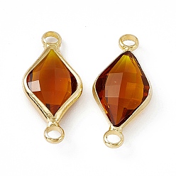 Tangerine Transparent K9 Glass Connector Charms, with Light Gold Plated Brass Findings, Faceted, Rhombus Links, Tangerine, 22x10x4.5mm, Hole: 2mm