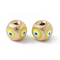 Yellow Brass Beads, with Enamel, Real 18K Gold Plated, Cube with Evil Eye, Yellow, 10.5x11.5x11mm, Hole: 2.5mm