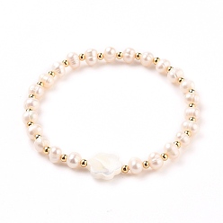 Creamy White Natural Pearl Stretch Beaded Bracelets, with Golden Plated Brass Beads and Flower Natural Shell Beads, Creamy White, Inner Diameter: 2 inch(5.1cm)