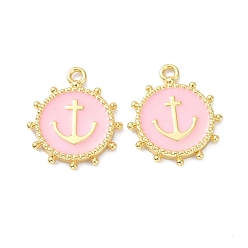 Pink Eco-Friendly Stainless Steel Enamel Pendants, Real 18K Gold Plated, Long-Lasting Plated, Flat Round with Anchor, Pink, 20x16.5x2.2mm, Hole: 1.9mm