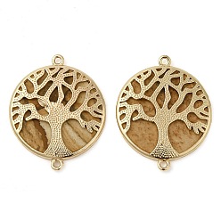 Picture Jasper Natural Picture Jasper Flat Round Connector Charms, Tree of Life Links with Rack Plating Golden Plated Brass Findings, 33x27x3mm, Hole: 1.6mm