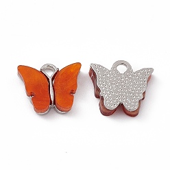 Orange Acrylic Charms, with Platinum Tone Alloy Finding, Butterfly Charm, Orange, 13x14x3mm, Hole: 2mm