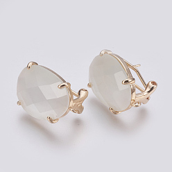 White Faceted Glass Stud Earring Findings, with Loop, Light Gold Plated Brass Findings, Oval, White, 20x15.5x6~6.5mm, Hole: 1.2mm, Pin: 0.7mm