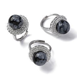 Снежный Обсидиан Натуральные снежинки обсидиан круглые регулируемые кольца для пальцев, платиновое латунное кольцо, стойки покрытие, долговечный, круглый : 21 мм, внутренний диаметр: американский размер 8 1/2 (18.5 мм)