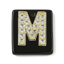 Letter M Природные подвески обсидиана, прямоугольные подвески с латунной микропаве прозрачной кубической циркониевой буквой, реальный 18 k позолоченный, долговечный, стойки покрытие, Буква М, 21x18x5 мм, отверстие : 1.4 мм