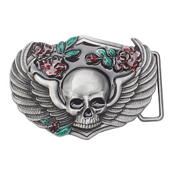 Antique Silver Zinc Alloy Buckles, Gothic Style Belt Fastener, for Men's Belt, Wing with Skull, Antique Silver, 65x95mm
