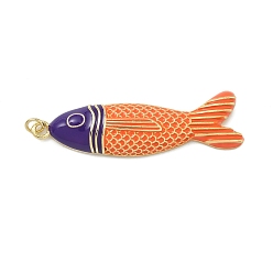 Темно-Оранжевый Латунные эмали большие подвески, рыбы прелести, без кадмия и без свинца, долговечный, стойки покрытие, реальный 18 k позолоченный, темно-оранжевый, 52x13.5x6 мм, Перейти кольцо: 5x0.8 мм, внутренний диаметр: 3.5 мм