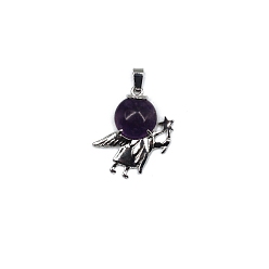 Amethyst Natural Amethyst Pendants, Antique Silver Plated Alloy Angel Charms, 36x28mm