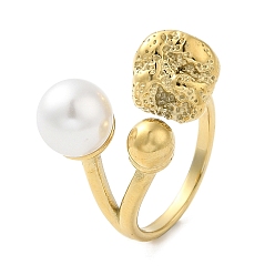 Real 14K Gold Plated 304 Stainless Steel Round Ball Open Cuff Ring with ABS Plastic Imitation Pearl, Real 14K Gold Plated, Inner Diameter: 17mm