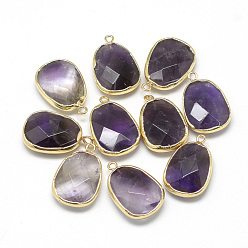 Amethyst Natural Amethyst Pendants, with Iron Findings, Faceted, Trapezoid, Golden, 22~25x13~16x6~7mm, Hole: 1.5~2mm