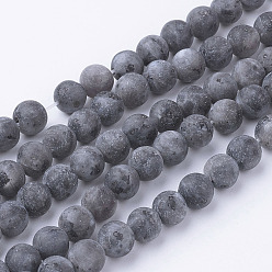 Larvikite Natural Black Larvikite Bead Strands, Round, Frosted, 6~6.5mm, Hole: 1mm, about 60pcs/strand, 14.9 inch(38cm)