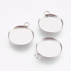 Stainless Steel Color 304 Stainless Steel Pendant Cabochon Settings, Plain Edge Bezel Cups, Flat Round, Stainless Steel Color, Tray: 12mm, 16x13.5x2mm, Hole: 1.8mm
