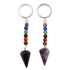Amethyst Natural Amethyst Cone Pendant Keychain, with 7 Chakra Gemstone Beads and Platinum Tone Brass Findings, 108mm