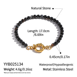 (946F)Морозный цвет внутри  Жонкиль / Непрозрачная зеленая подкладка Браслеты из натурального черного агата с бусинами-рондель, 304 браслеты из нержавеющей стали ссылка для женщин, кольцо, реальный 18 k позолоченный, 6-7/8 дюйм (17.5 см)