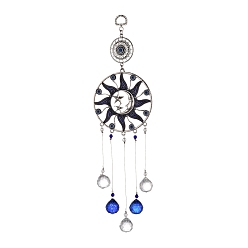Antique Silver Alloy Flat Round & Sun & Moon Turkish Blue Evil Eye Pendant Decoration, with Crystal Ceiling Chandelier Ball Prisms, for Home Wall Hanging Amulet Ornament, Antique Silver, 325mm, Hole: 10mm
