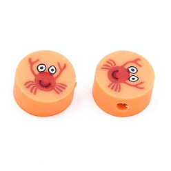 Coral Handmade Polymer Clay Beads, Flat Round with Crab Pattern, Coral, 9x4.5mm, Hole: 1.6mm