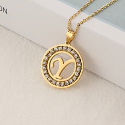 Letter Y Crystal Rhinestone Initial Letter Pendant Necklace with Cable Chains, Stainless Steel Jewelry for Women, Golden, Letter.Y, 15.75 inch(40cm)