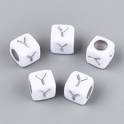 Letter Y Акриловые бусины, горизонтальное отверстие, металлическое покрытие, кубические, белые, Письмо Y, 6x6x6 мм, отверстие : 3.5 мм, 2600 шт / 500 г