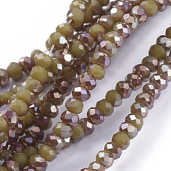Olive Electroplate Glass Beads Strands, Half Rainbow Plated, Faceted, Rondelle, Olive, 2.5x1mm, Hole: 0.5mm, about 185~190pcs/strand, 13 inch(33cm)